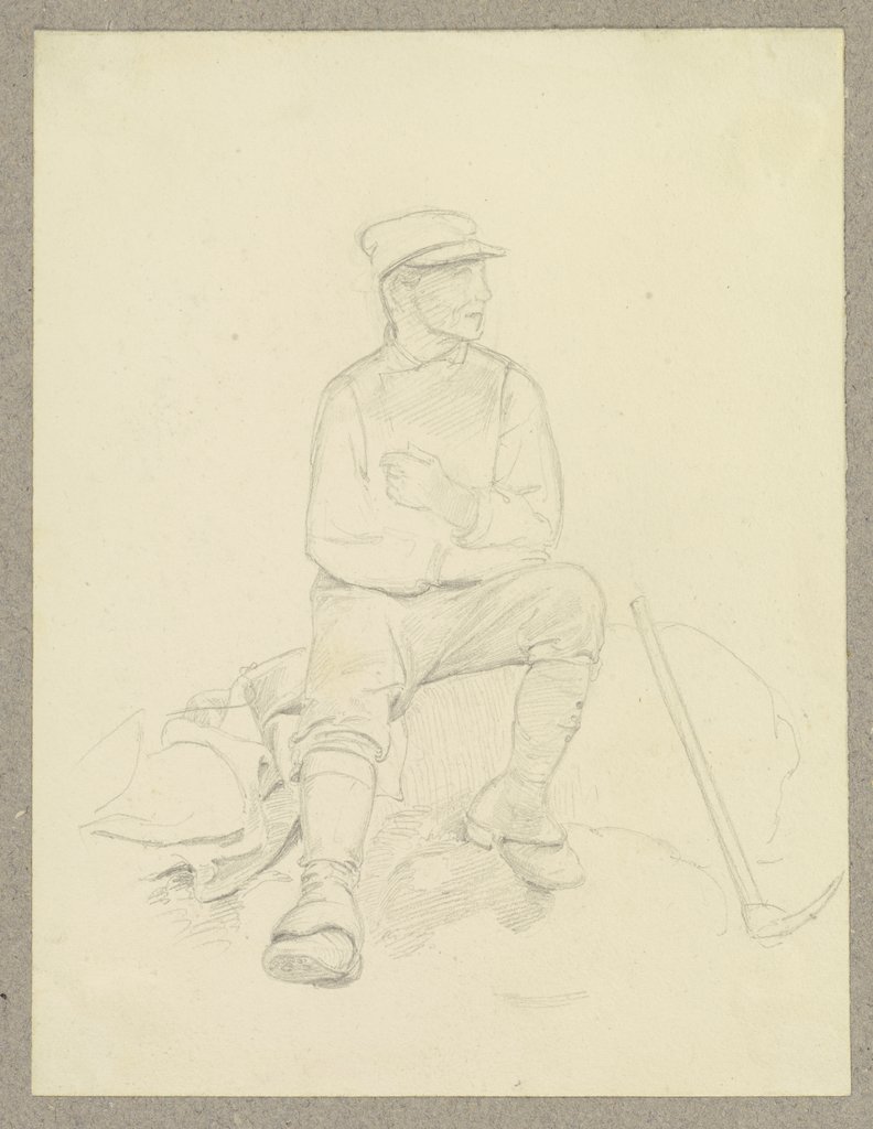 Arbeiter, auf einem Stein sitzend, neben ihm eine Spitzhacke, Carl Theodor Reiffenstein