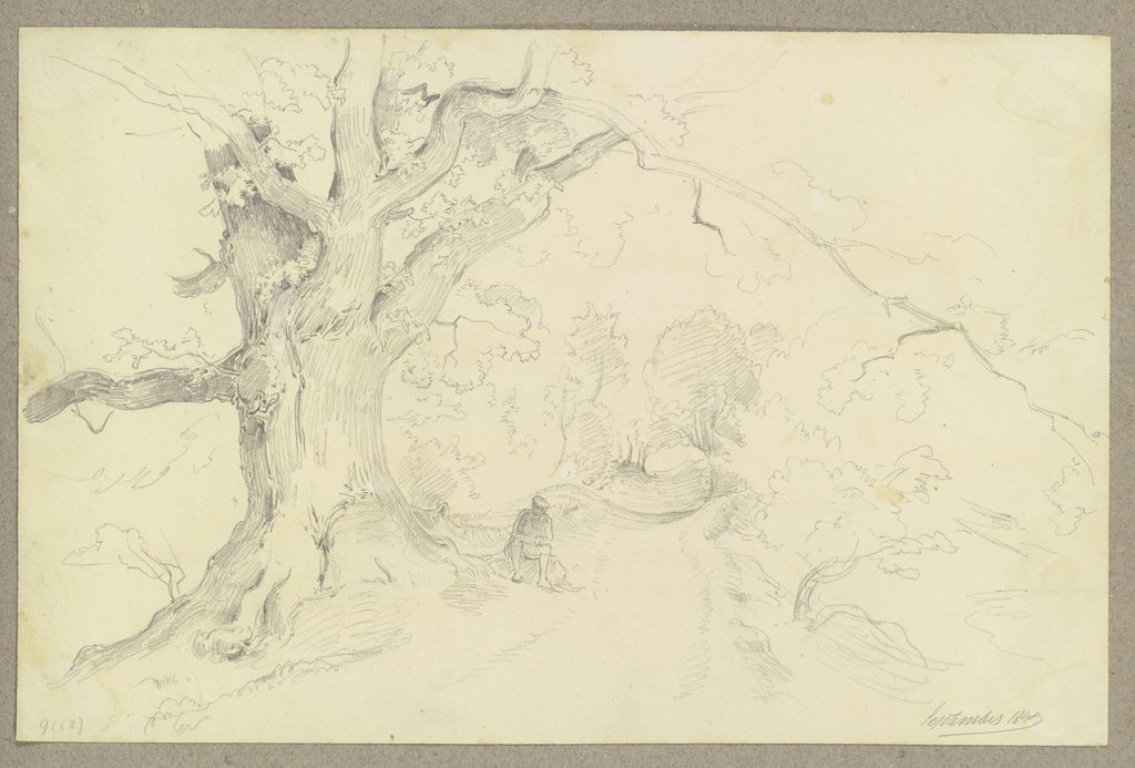Ein großer Baum an einem Hohlweg mit rastendem Wanderer, Carl Theodor Reiffenstein
