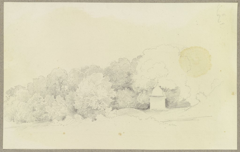Baumreihe, davor ein kapellenartiges Häuslein; oben rechts ein skizzierter Kopf, Carl Theodor Reiffenstein