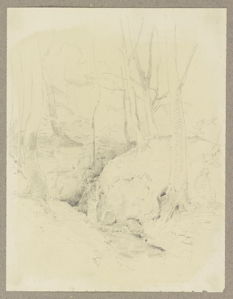Wald, von einem Bach mit kleinem Wasserfall durchflossen, rechts ein sitzender Mann mit Hut, Carl Theodor Reiffenstein