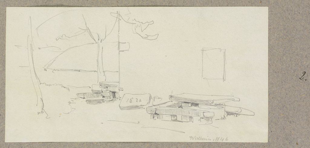 Steinerner Tisch mit Bänken an einem Haus in Wertheim, Carl Theodor Reiffenstein