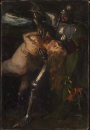 "Frau Aventiure" (Geharnischter Ritter, der eine nackte Frau entführt)