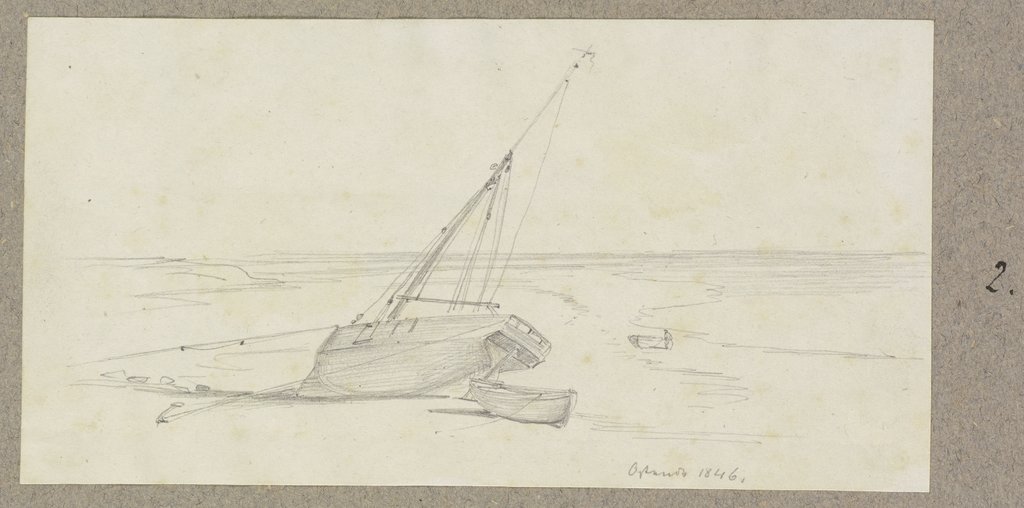 Segelboot und Beiboot am Strand bei Ostende, Carl Theodor Reiffenstein