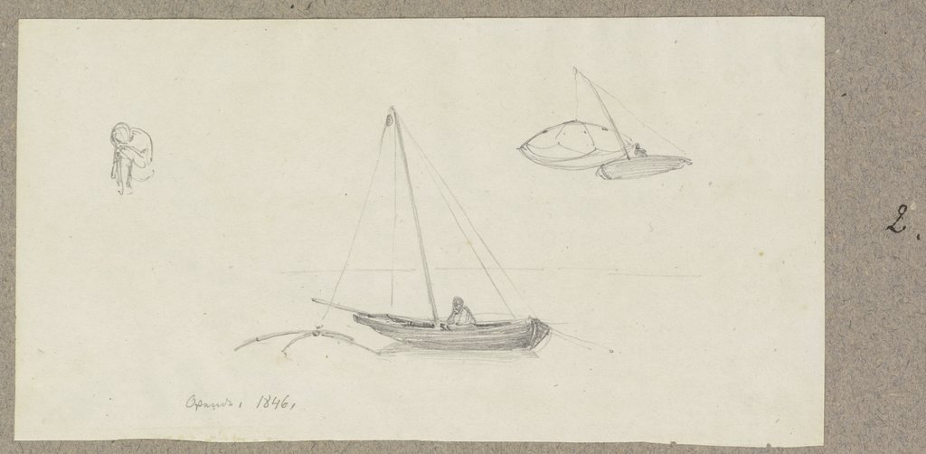 Studienblatt: Zwei Boote mit Fischern und Reusen, links eine kauernde Figur, Carl Theodor Reiffenstein