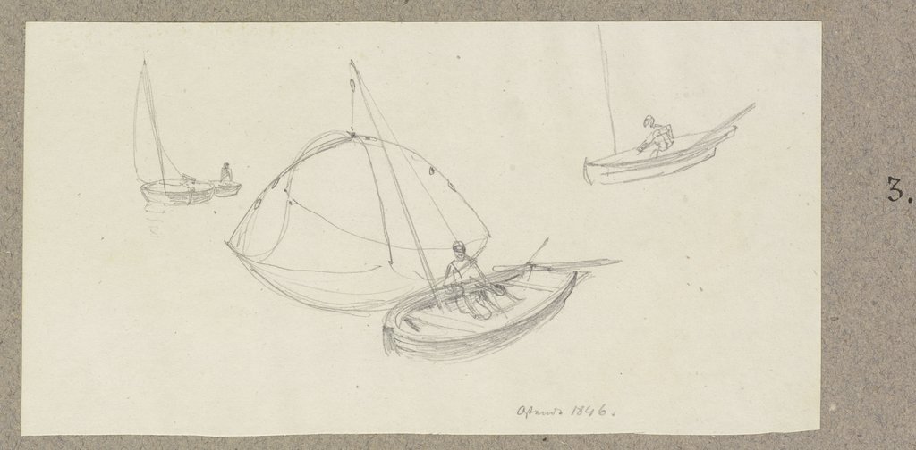 Studienblatt: Drei Boote mit einer darin sitzenden Figur, das mittlere mit Reuse, Carl Theodor Reiffenstein