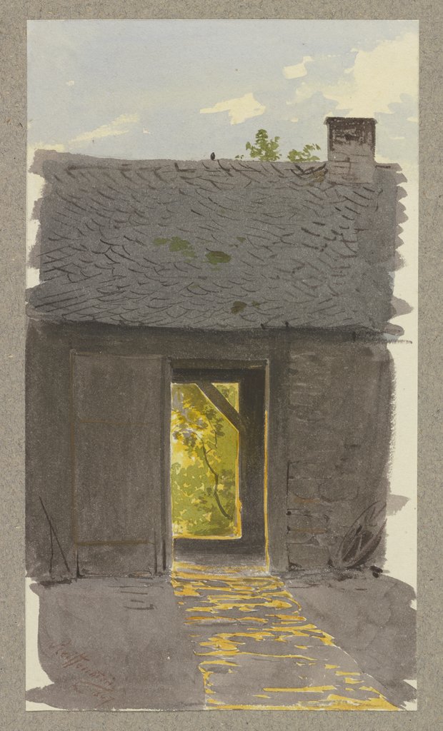 Blick durch die geöffneten Türen einer Scheune im Abendlicht, Carl Theodor Reiffenstein