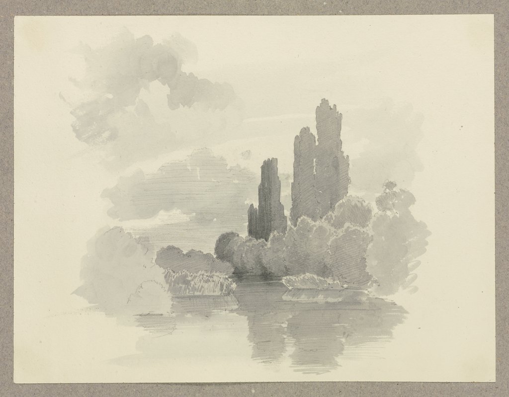 Gewässer, am Ufer Büsche und Bäume, Carl Theodor Reiffenstein