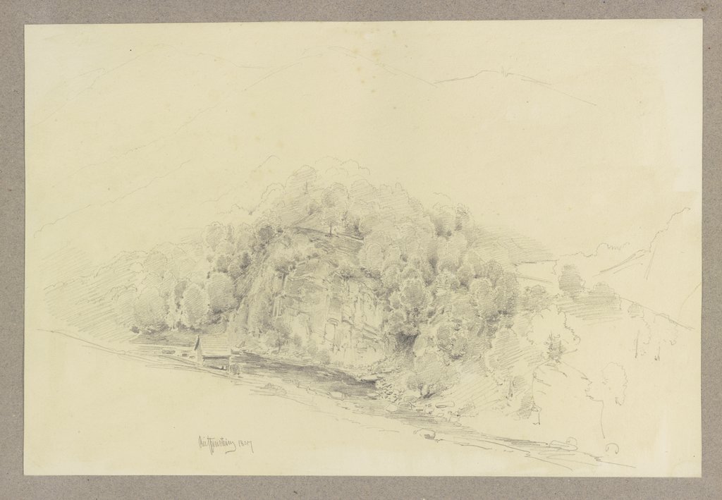 Bewaldeter Bergrücken, zu einem Fluss steil abfallend, Carl Theodor Reiffenstein