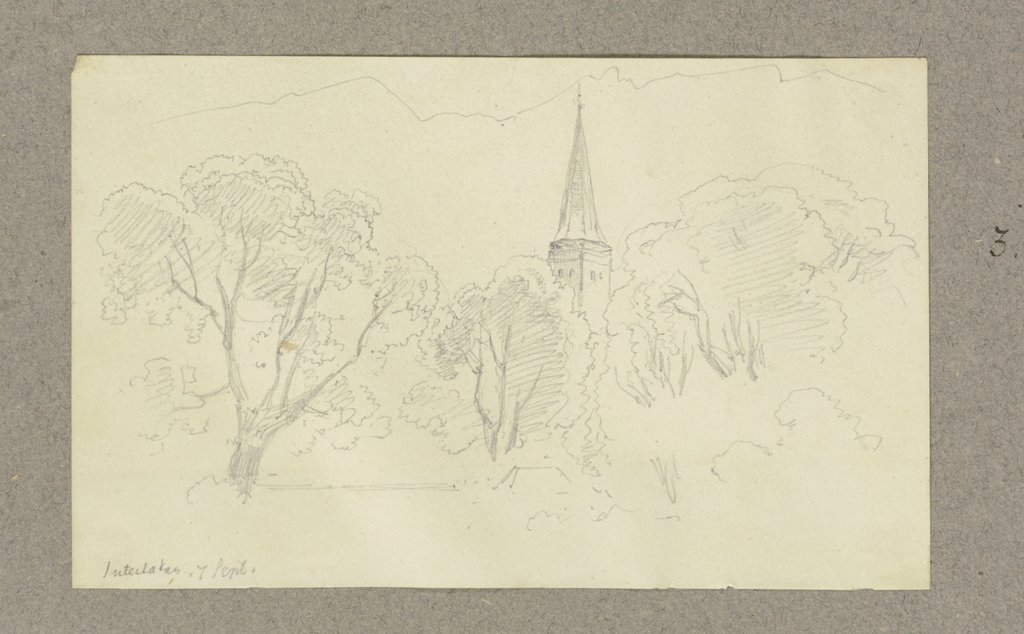 Kirchturm hinter Bäumen in Interlaken, Carl Theodor Reiffenstein