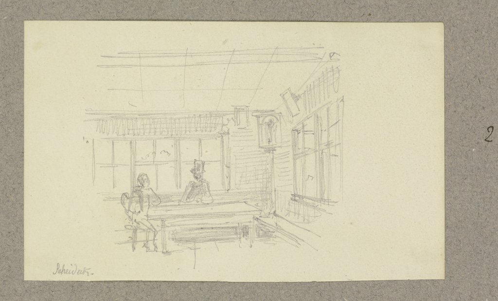 Inneres einer Hütte mit Herrgottswinkel, am Tisch zwei Personen, Carl Theodor Reiffenstein