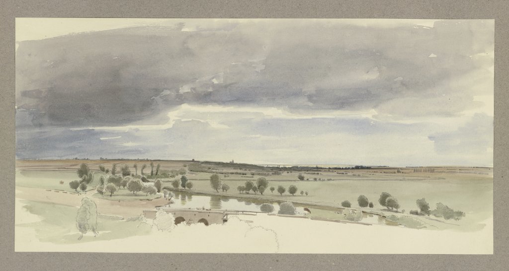 Landschaft mit Gewässer und steinernem Staudamm, Carl Theodor Reiffenstein