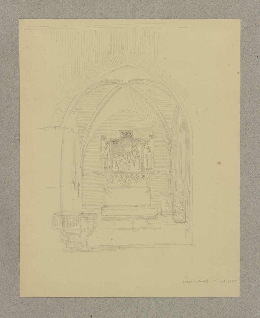 Kreuzrippengewölbter Chorraum einer Kirche in Kronberg mit geöffnetem Hochaltar und Taufstein, Carl Theodor Reiffenstein