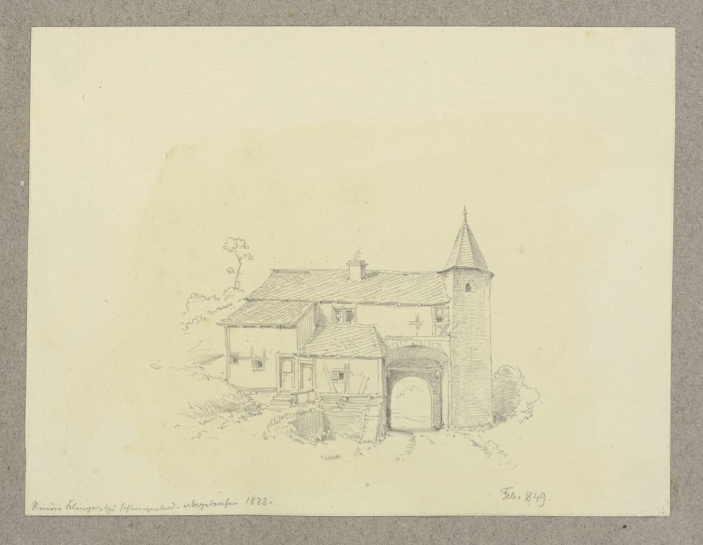 Ruinöses Fachwerkhaus mit Turm und Durchgangstor, 1822 abgebrochen, nach einer Vorlage, Carl Theodor Reiffenstein