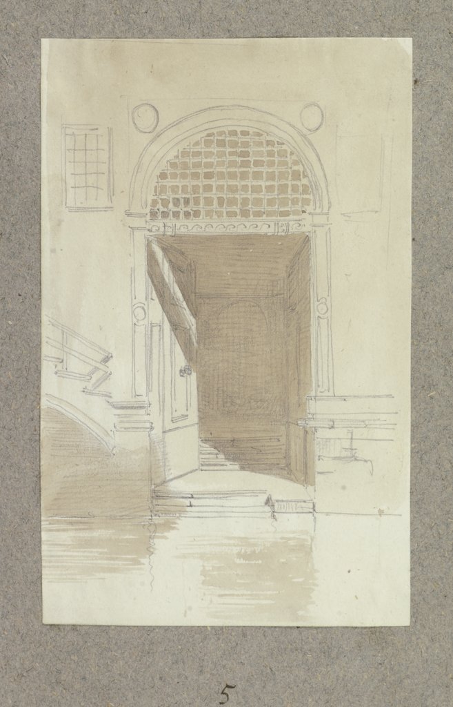 Blick durch eine offene Tür in den Eingangsbereich eines Hauses, Carl Theodor Reiffenstein