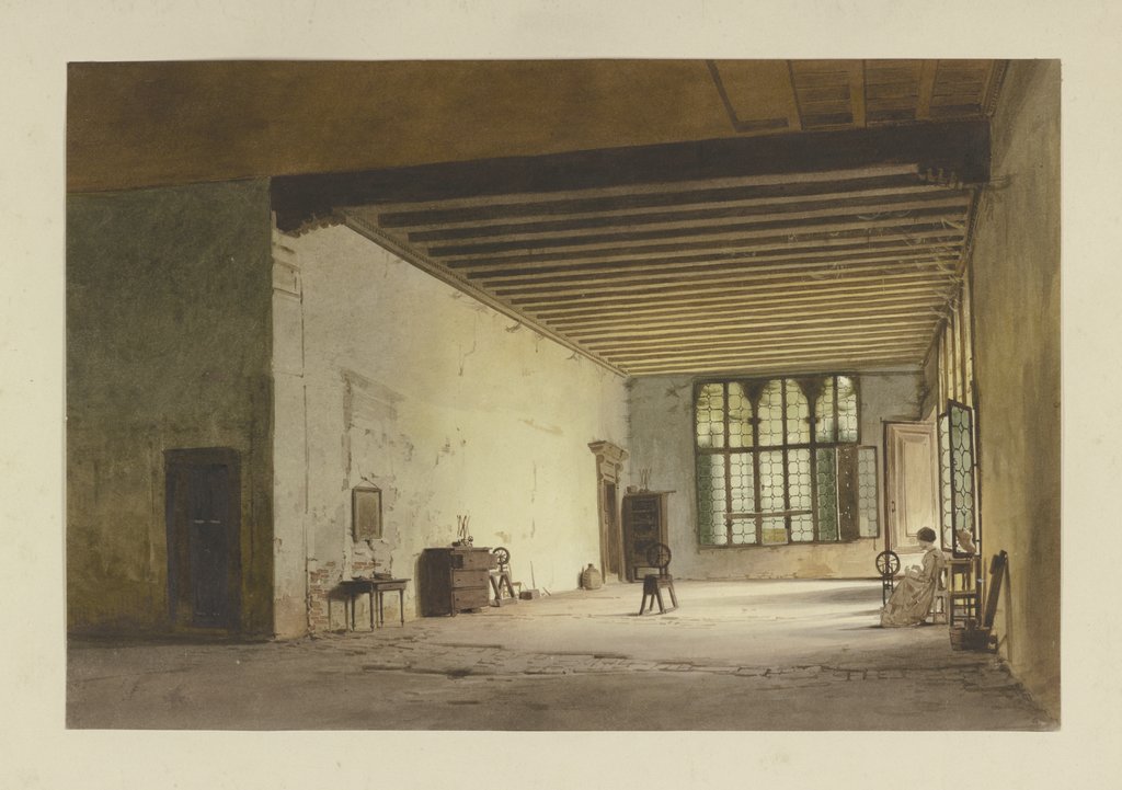 Großzügiger, spärlich eingerichteter Raum mit drei Spinnrädern, rechts am geöffneten Fenster eine Spinnerin bei der Arbeit, Carl Theodor Reiffenstein