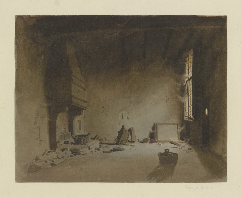 Verwahrloster Raum mit Kamin in einem Palazzo in Venedig, Carl Theodor Reiffenstein