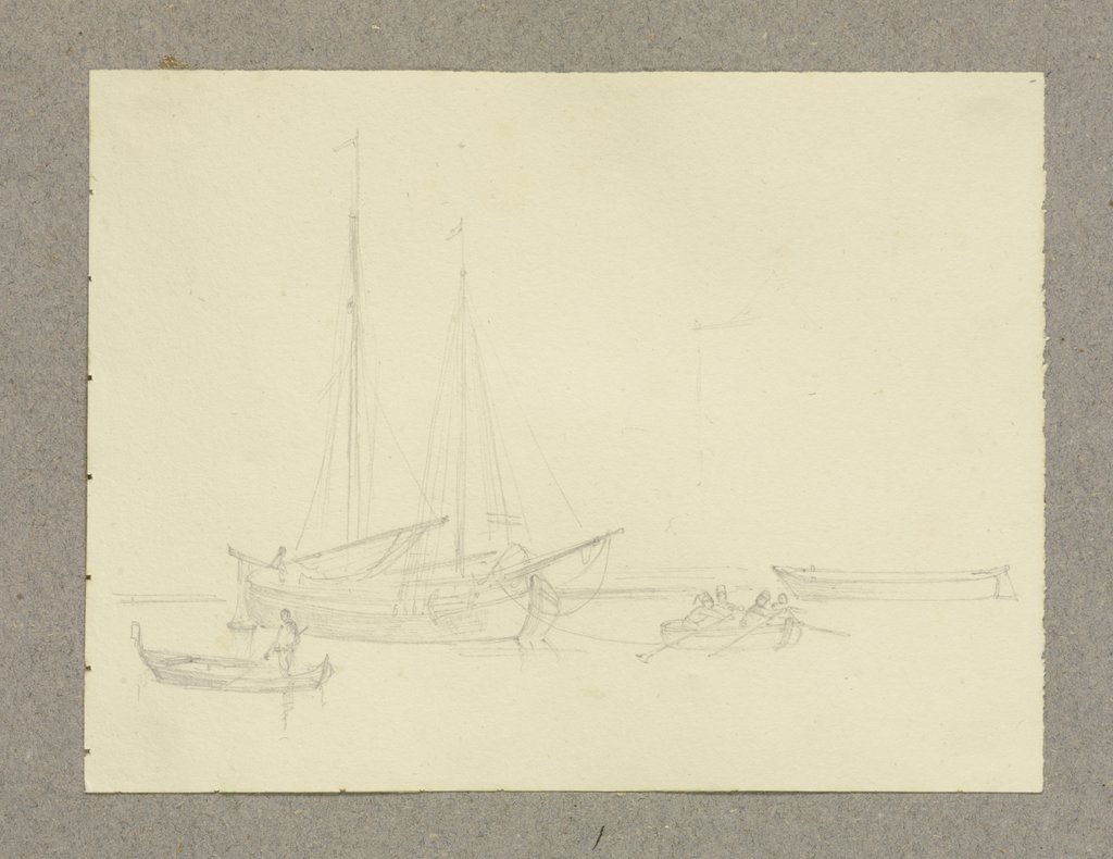 Ein Segelboot und drei kleinere Boote, Carl Theodor Reiffenstein