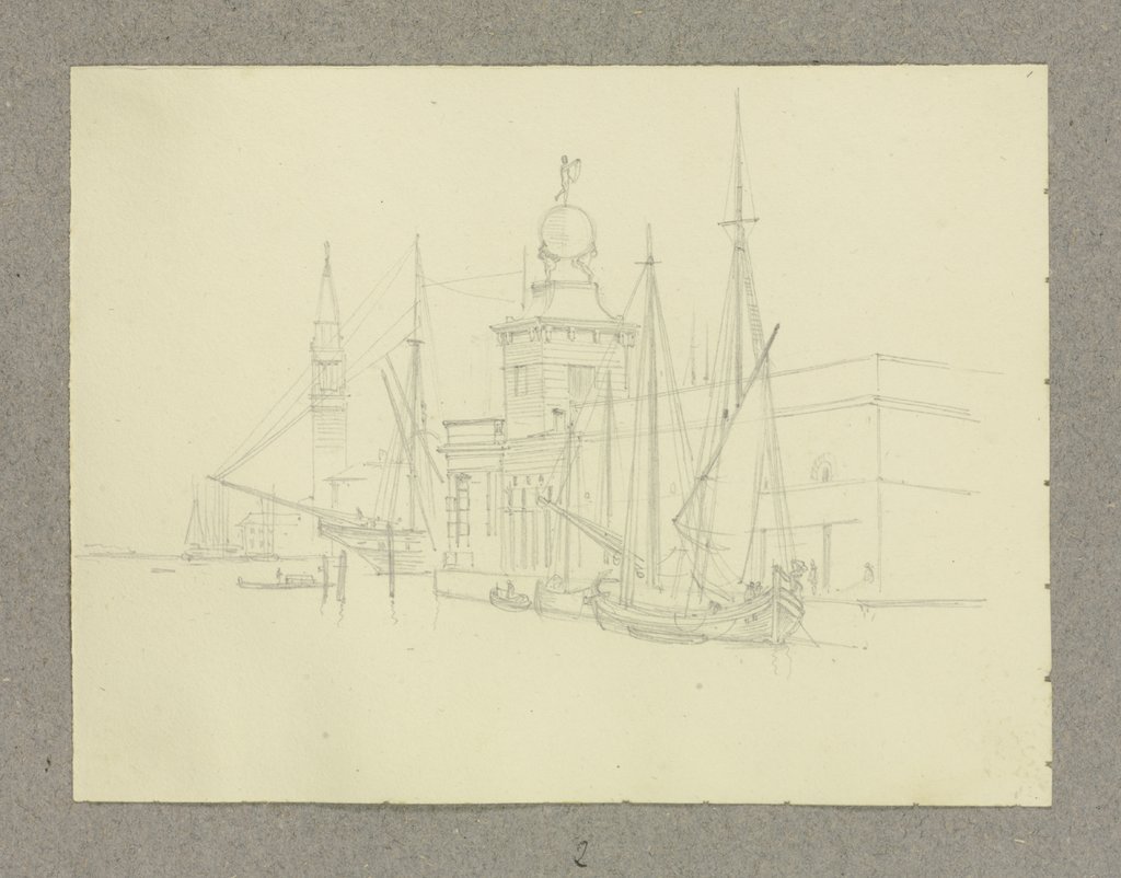 Die Punta della Dogana in Venedig, davor Segelschiffe und Boote, Carl Theodor Reiffenstein
