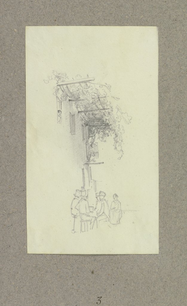 Gesellschaft an einer Hauswand unter einem Rankgerüst sitzend, Carl Theodor Reiffenstein