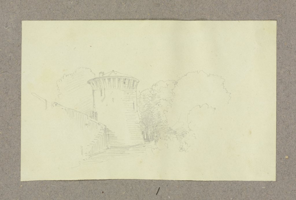 Ein Wehrturm, eingebunden in eine Mauer, von Bäumen umgeben, Carl Theodor Reiffenstein
