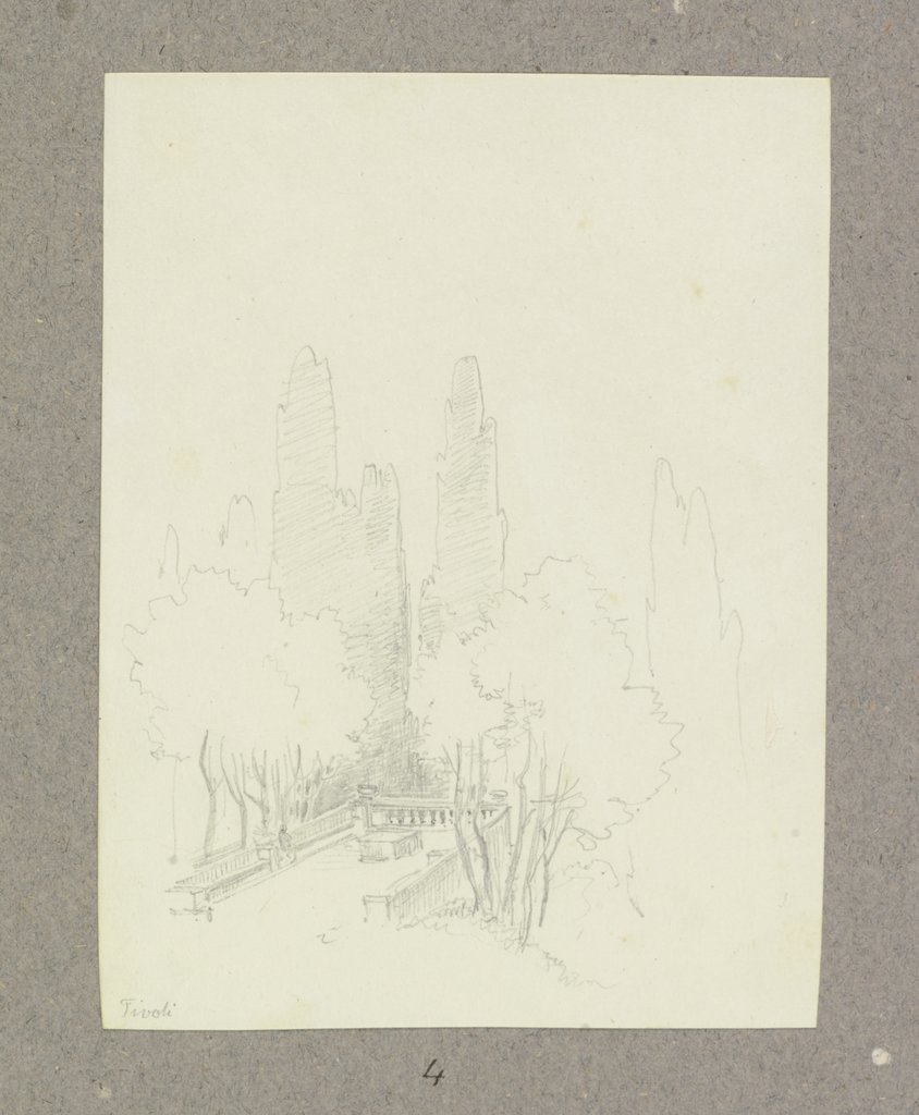 Freiterrasse mit Staffagefigur an einem bewaldeten Hang in Tivoli, Carl Theodor Reiffenstein
