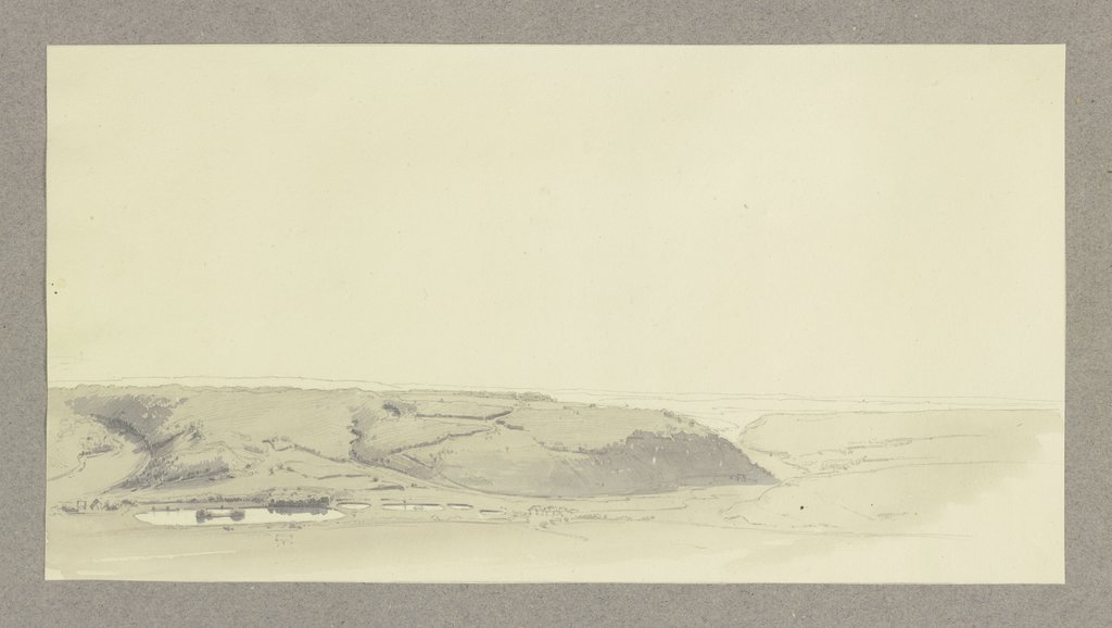 Landschaft mit langem Bergrücken, an seinem Fuß eine Reihe von Teichen, Carl Theodor Reiffenstein