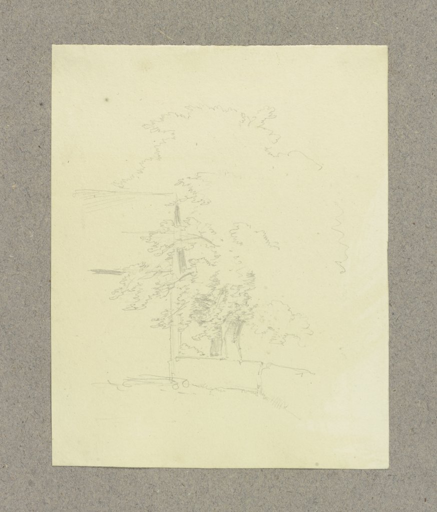 Zwei Bäume hinter einem Mäuerchen an einem Haus, Carl Theodor Reiffenstein