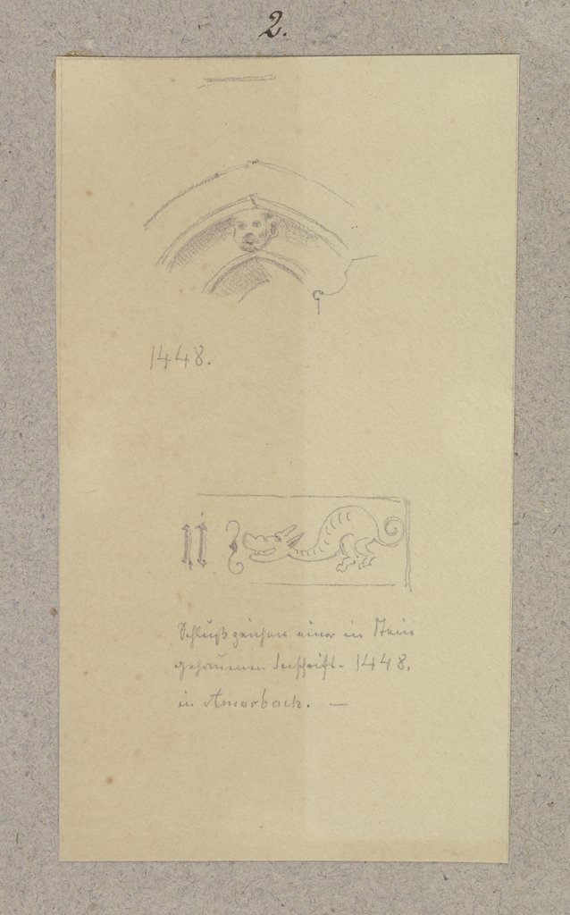 Figürlich verzierter Scheitel einer gotischen Maueröffnung und das Schlußzeichen einer in Stein gehauenen Schrift in Amorbach, Carl Theodor Reiffenstein