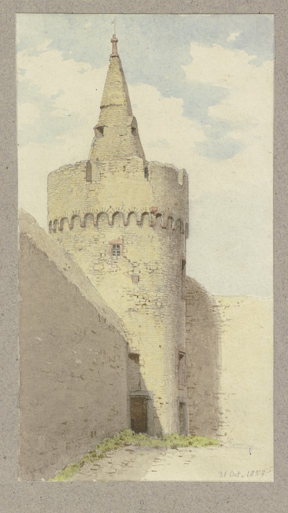 Stadtmauer mit Wehrturm in Bergen, Carl Theodor Reiffenstein
