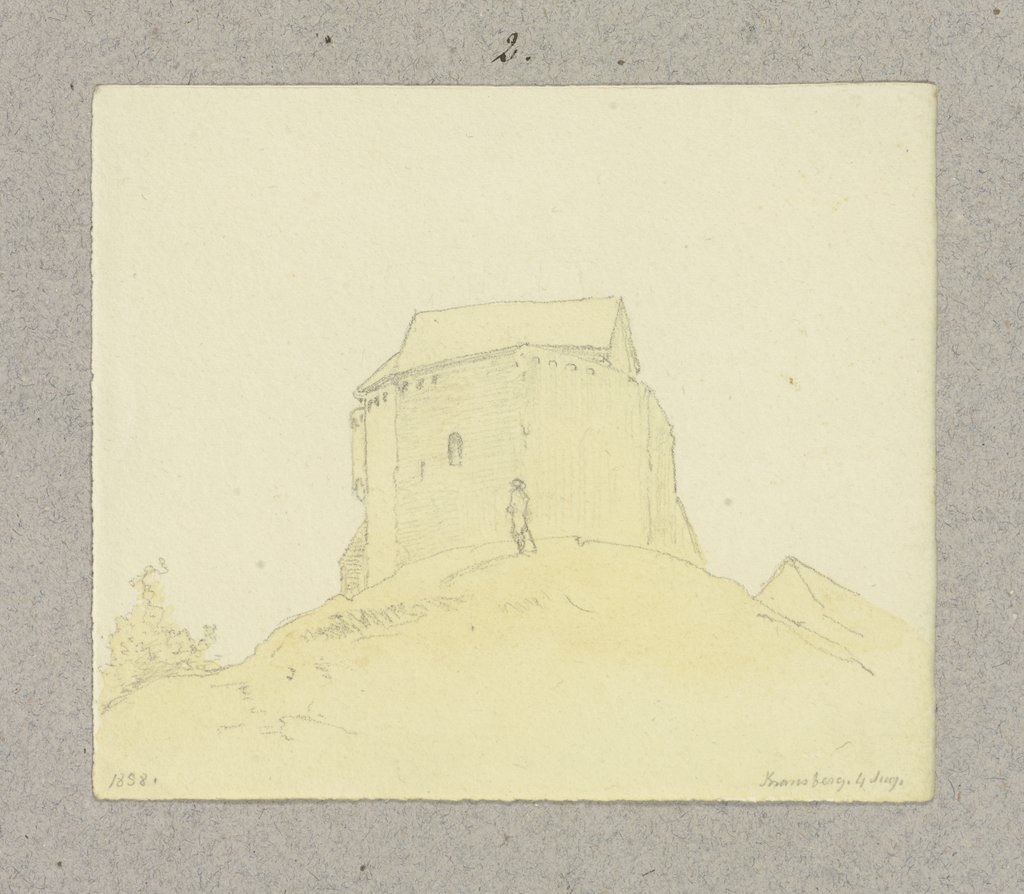 Schloss Kransberg, davor eine Staffagefigur, die den Berg hinauf steigt, Carl Theodor Reiffenstein