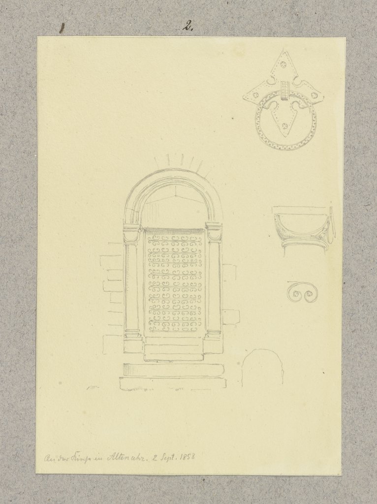 Portal und Details eines Türknaufs sowie einer Säule der Kirche Mariä Verkündigung in Altenahr, Carl Theodor Reiffenstein