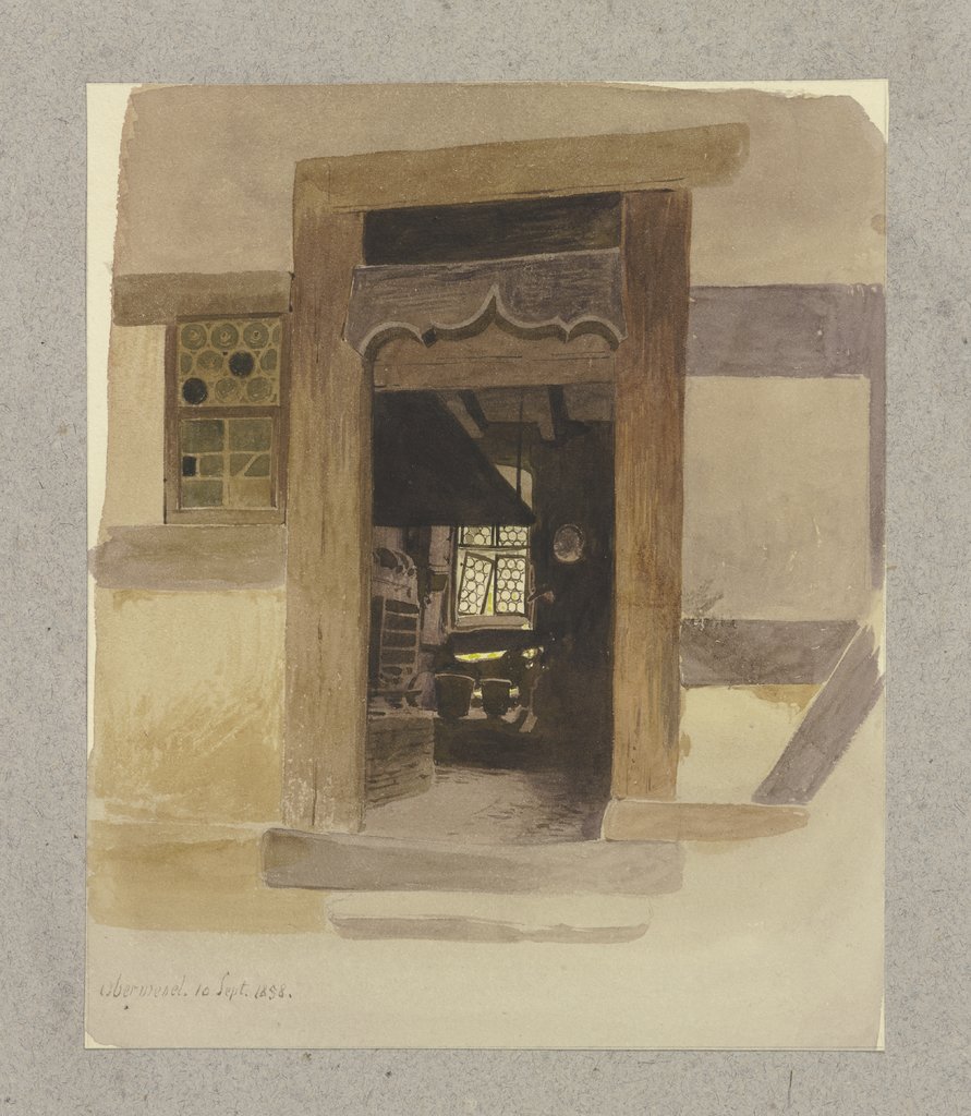 Blick durch einen geschnitzten Türrahmen in einen Innenraum in Oberwesel, Carl Theodor Reiffenstein