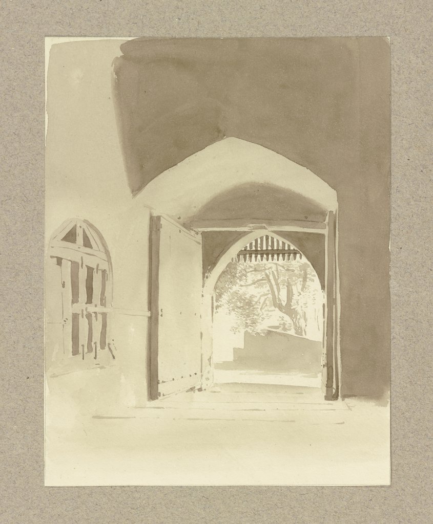 Blick ins Freie durch ein spitzbogiges Tor auf Schloss Braunfels, Carl Theodor Reiffenstein