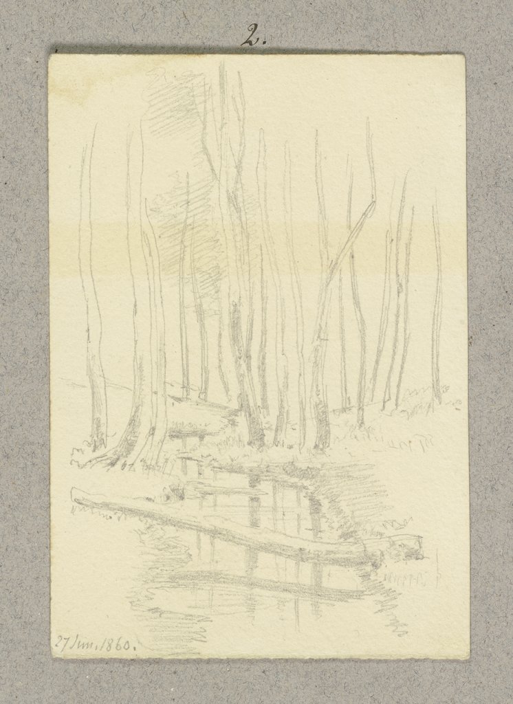 Zwischen Bäumen fließender Bach, über ihn führt ein liegender Baumstamm, Carl Theodor Reiffenstein