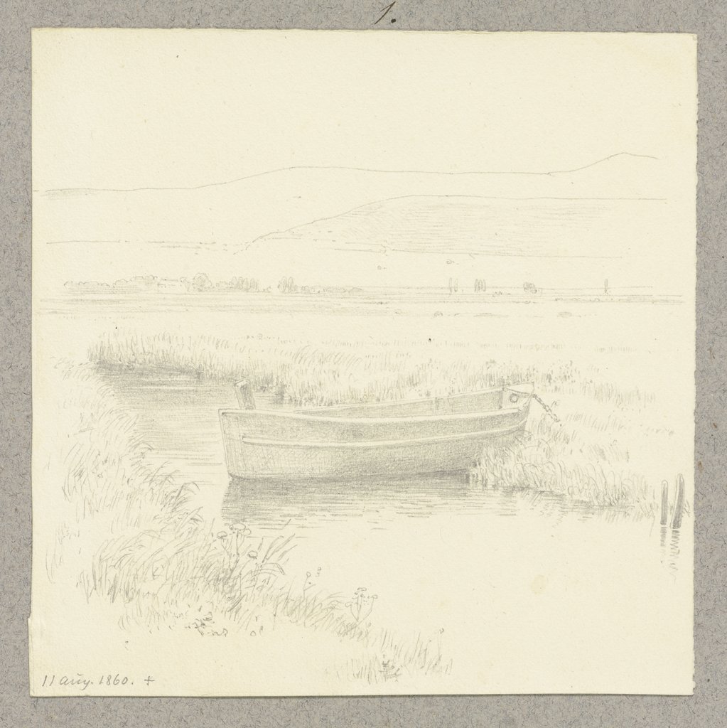 Am Ufer eines schmalen Flusses angebundenes, auf diesem treibendes Boot, Carl Theodor Reiffenstein