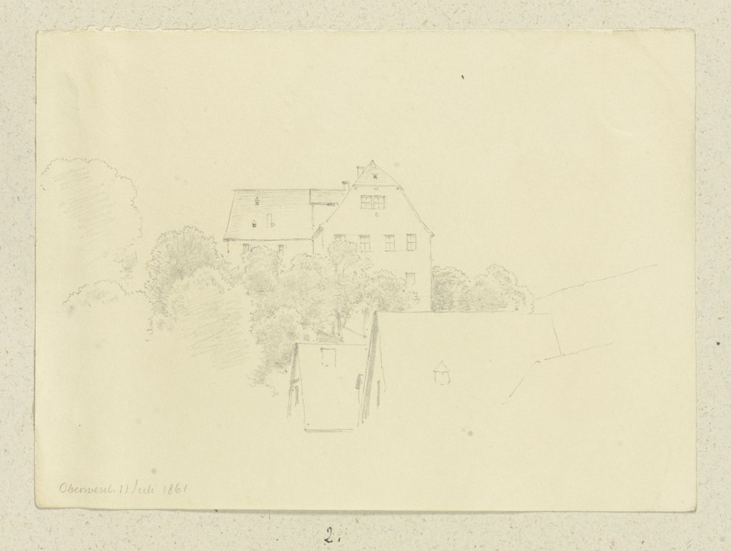 Blick über Häuserdächer auf ein Anwesen in Oberwesel, Carl Theodor Reiffenstein