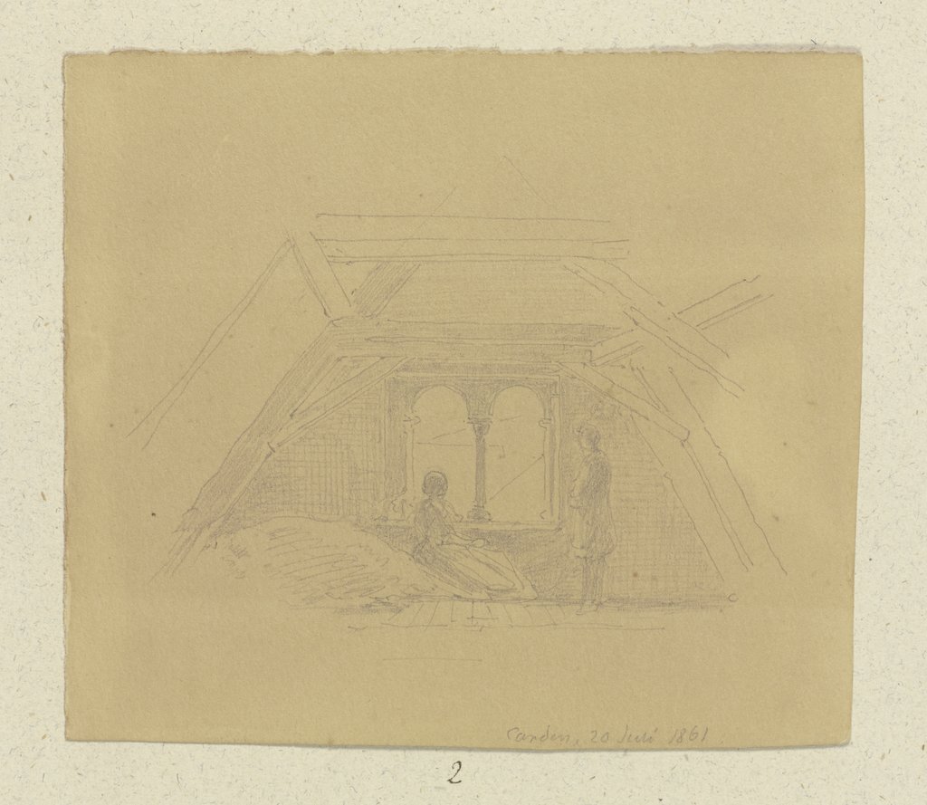 Dachstuhl in Karden, eine Frau und ein Mann blicken durch ein Biforium, Carl Theodor Reiffenstein