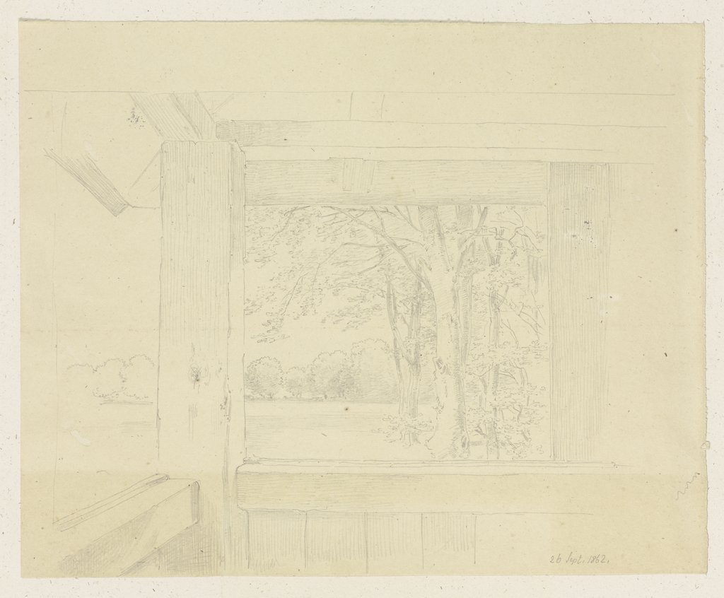 Blick aus einer Holzhütte auf eine Waldlichtung, Carl Theodor Reiffenstein