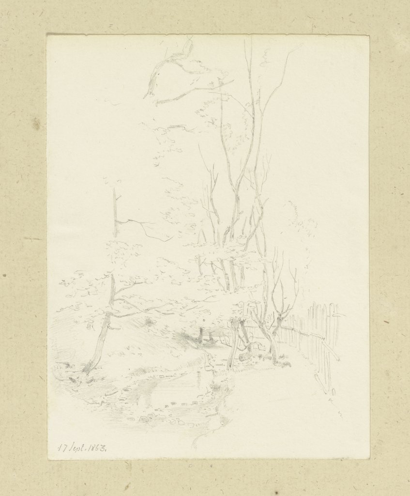 Hinter einem Zaun Bäume an einem trockengefallenen Wasserlauf, Carl Theodor Reiffenstein