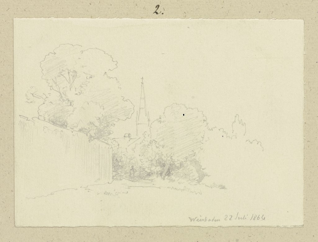 Hinter Bäumen ein Kirchturm in Wiesbaden, Carl Theodor Reiffenstein