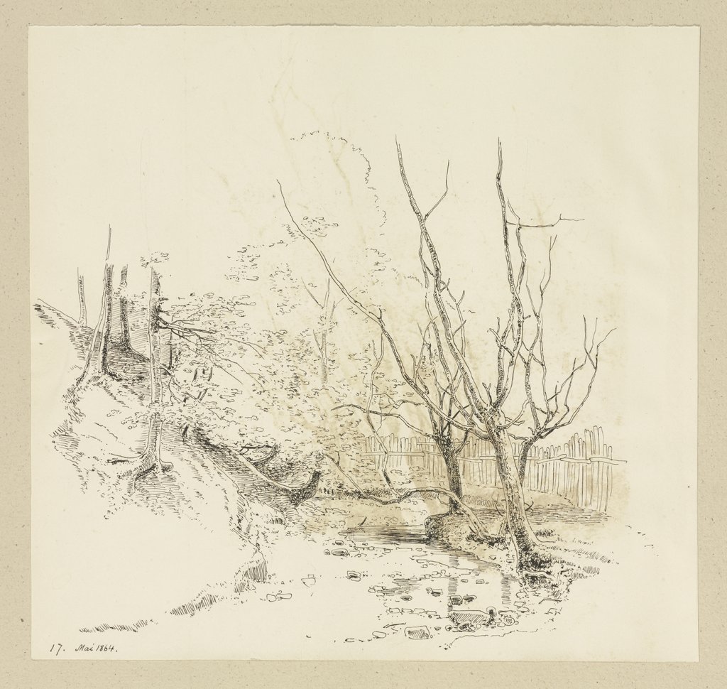 Hinter einem Zaun Bäume an einem trockengefallenen Wasserlauf, Carl Theodor Reiffenstein