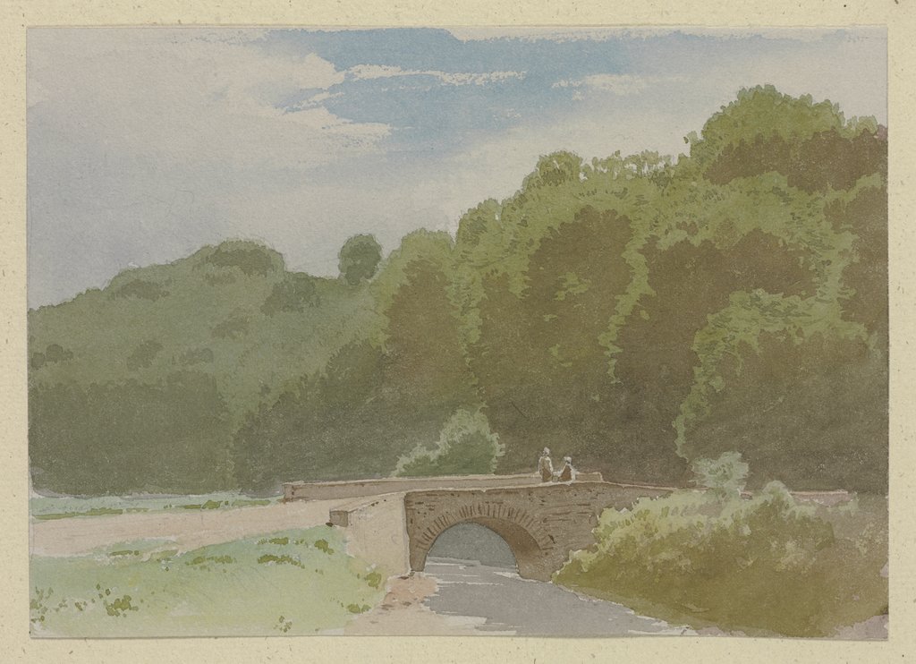 Steinbrücke über einen Fluss am Waldrand, Carl Theodor Reiffenstein