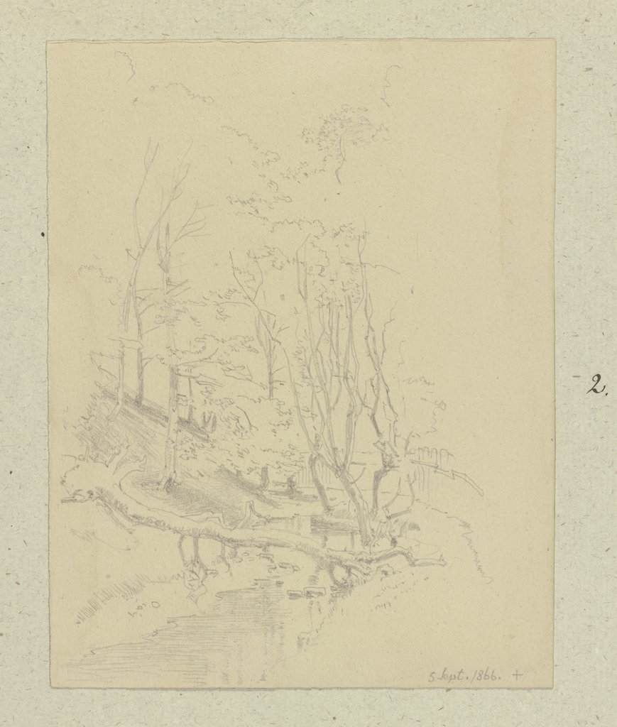 Umgestürzter Baum an einem Bach, rechts ein Zaun, Carl Theodor Reiffenstein