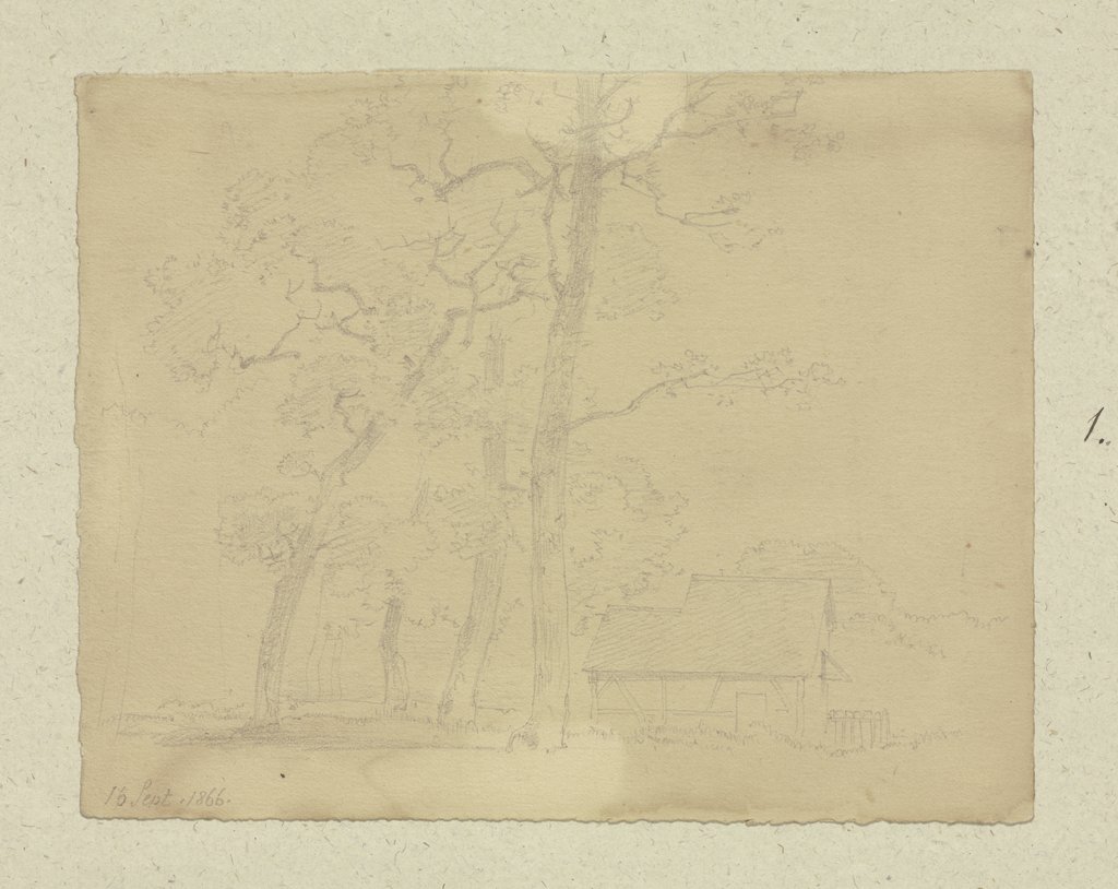 Baumgruppe an einer Hütte, Carl Theodor Reiffenstein