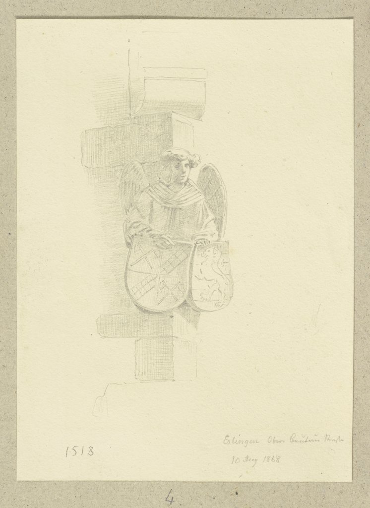 Konsolfigur eines Engels, zwei Wappen haltend, an einem Haus der Oberen Beutau in Esslingen, Carl Theodor Reiffenstein