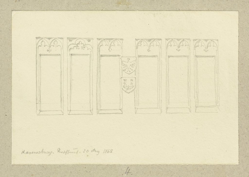 Fensterreihe mit zwei Wappensteinen in der Fassade des Ravensburger Rathauses, Carl Theodor Reiffenstein