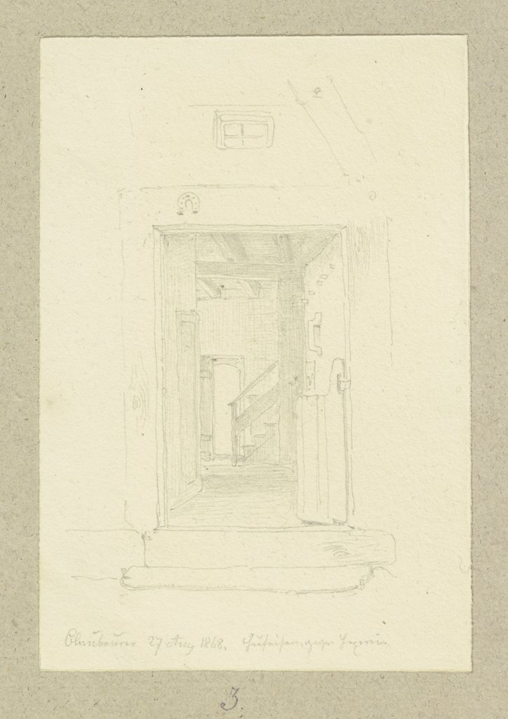 Blick durch eine Tür in einen Raum in Blaubeuren, am Türsturz ein apotropäisches Hufeisen, Carl Theodor Reiffenstein