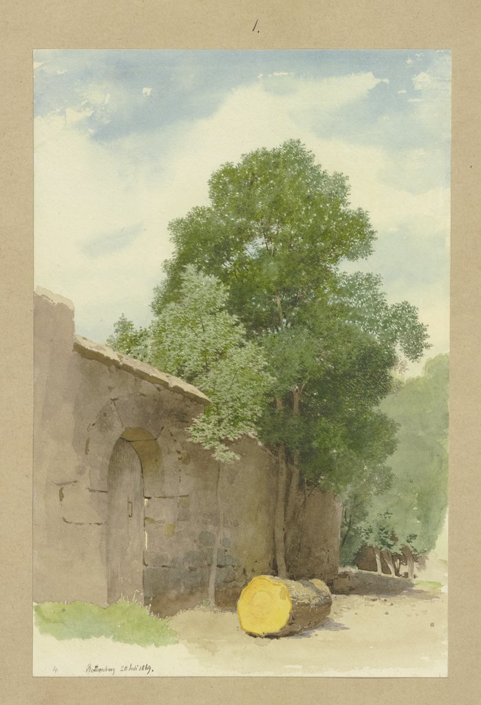 Abgesägter Baumstamm vor einer Mauer am Rothenburger Wildbad, Carl Theodor Reiffenstein