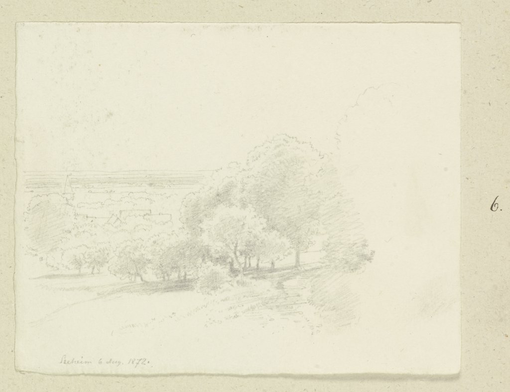 Seeheim, von einem Baum- und strauchbestandenen Hang aus gesehen, Carl Theodor Reiffenstein