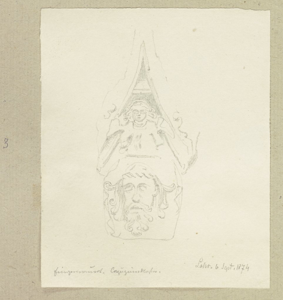 Eingemauerter Schlußstein eines Wimpergs am Kapuzinerkloster in Lohr mit einer Darstellung des Schweißtuches der Veronika, Carl Theodor Reiffenstein